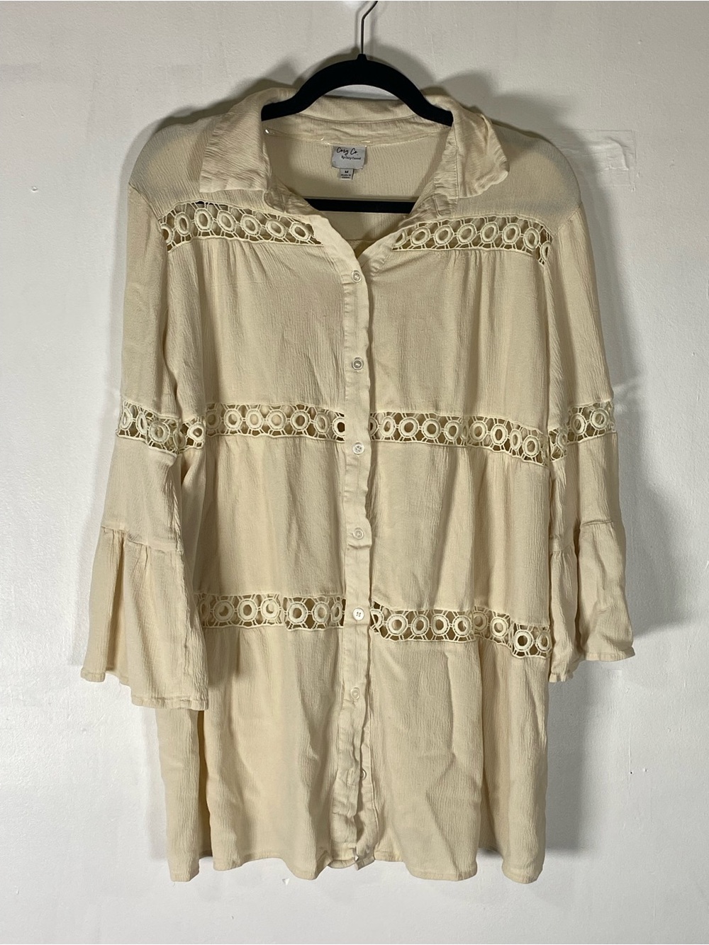 Oversized Button Down Tunic Bell Sleeve‎ Boho Collared Shirt M Cream Lagenlook